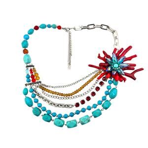 Branch Coral Crystal Faux Turquoise Multistrand Handmade Statement 25” Necklace
